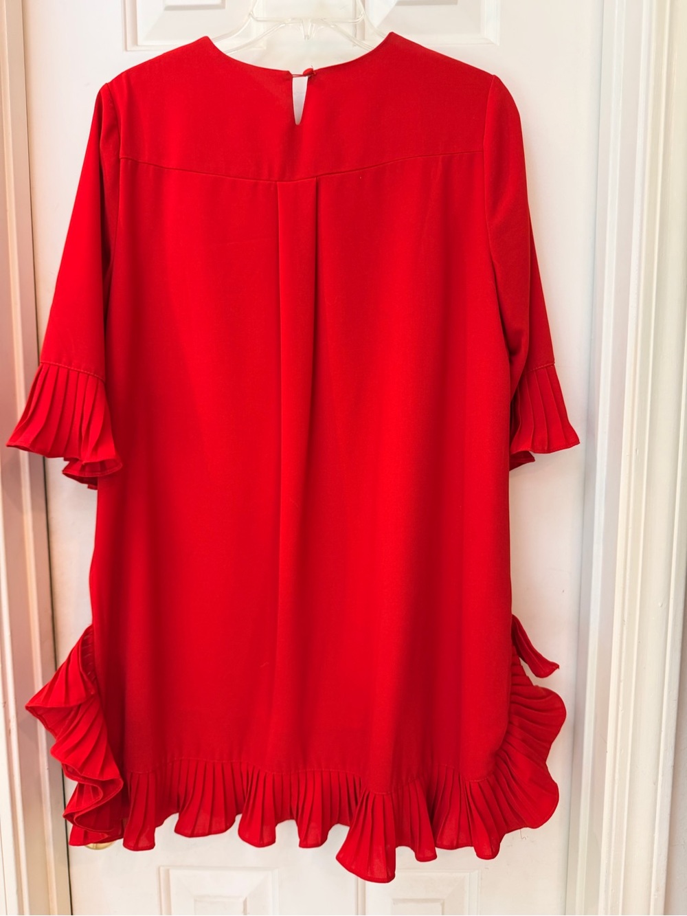 Red Ruffle Hem & 3/4 Length Sleeve Tunic / Shift Dress, Elegant Casual, Sz L - Picture 6 of 12